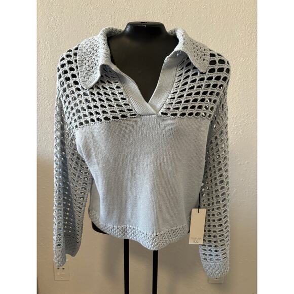 Rachel Zoe Open Knit Pullover Sweater Cotton XS Grey Coastal Preppy Breezy New - Picture 1 of 5